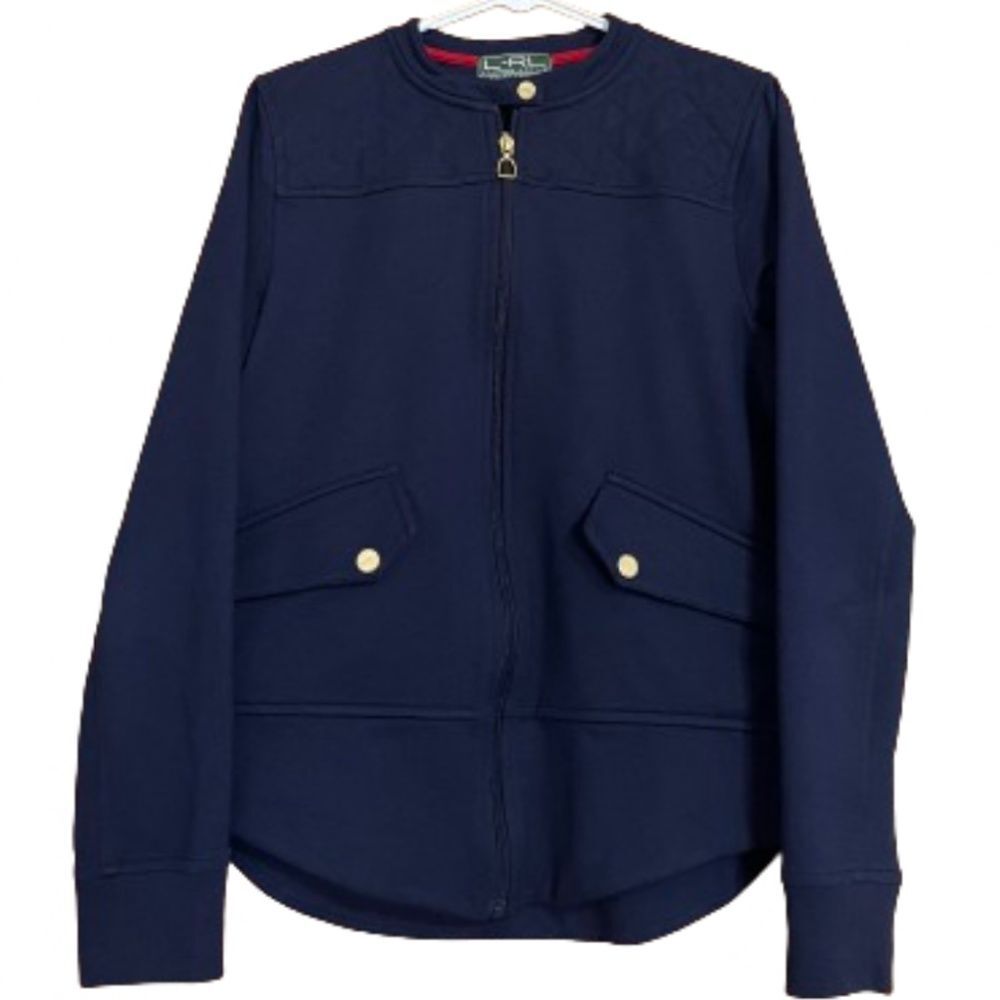 RALPH LAUREN Women’s Activewear Navy Sweatshirt/Jacket Full Zip Band Collar Sz-M